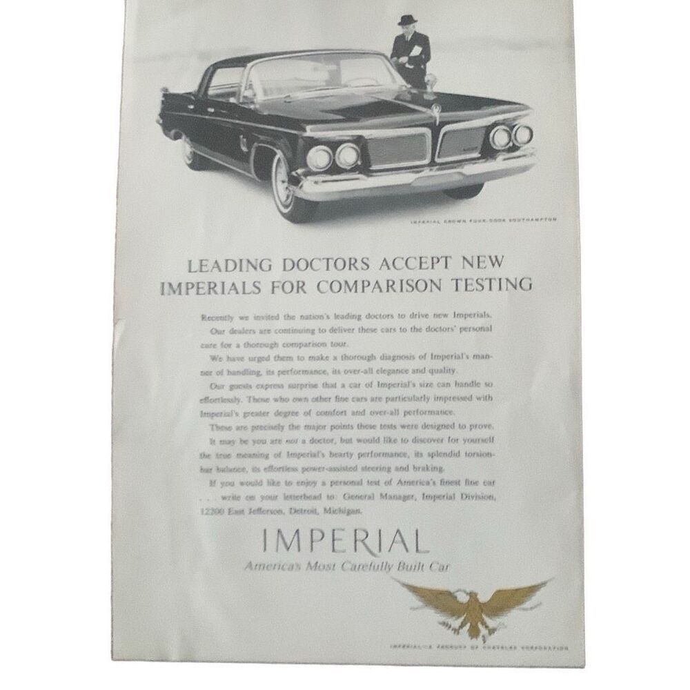Vintage 1962 Chrysler Imperial Leasing Doctors Ad Advertisement